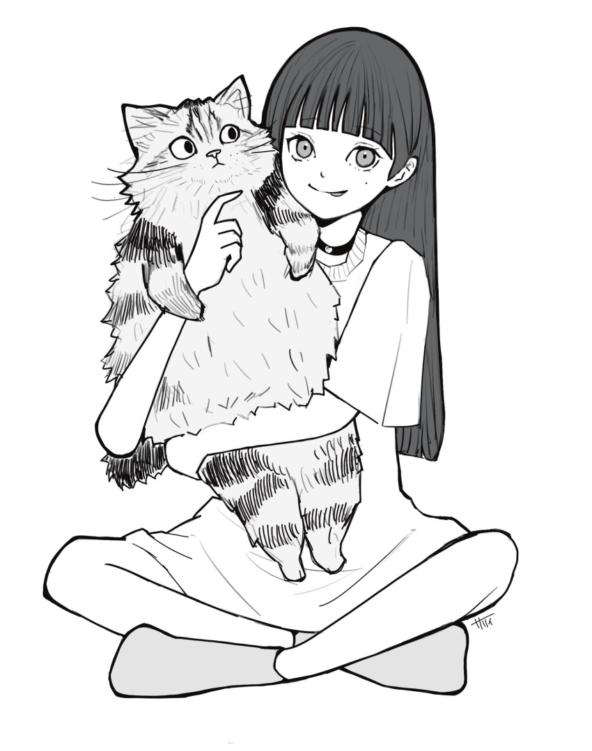 1girl :p animal animal_hug artist_name awatsu_mai blunt_bangs blunt_ends cat choker closed_mouth commentary full_body greyscale highres holding holding_animal holding_cat indian_style long_hair long_shirt looking_at_viewer mole mole_under_eye monochrome real_life sally_(allogkk) short_sleeves simple_background sitting smile socks solo tongue tongue_out voice_actor white_background