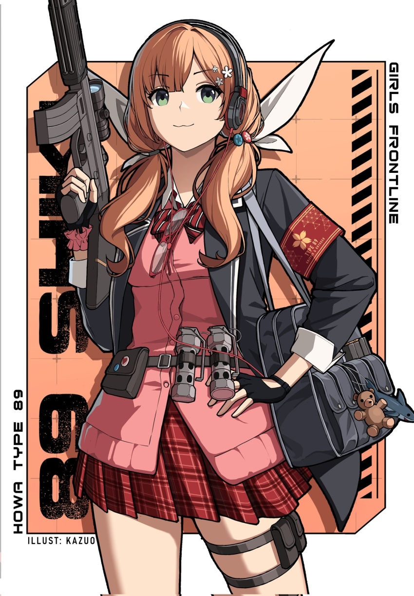 1girl :3 armband assault_rifle bag bag_charm black_gloves black_jacket bow bowtie brown_hair charm_(object) cherry_blossoms fingerless_gloves flashbang girls_frontline glasses gloves green_eyes gun hair_ornament hand_on_own_hip highres howa_type_89 howa_type_89_(girls'_frontline) jacket kazuodum looking_at_viewer open_clothes open_jacket pink_shirt red-framed_eyewear red_armband red_bow red_bowtie red_skirt rifle school_uniform shark shirt shoulder_bag skirt smile solo stuffed_animal stuffed_toy teddy_bear thighs twintails unworn_eyewear weapon