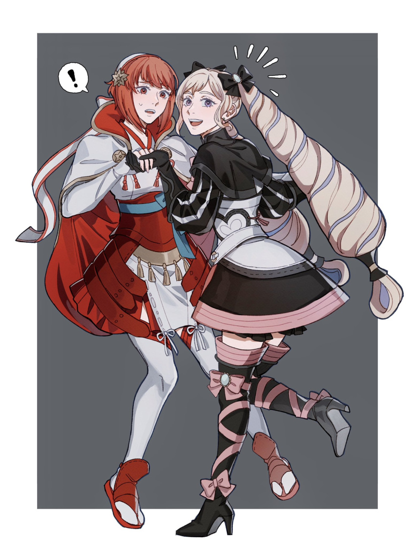 2girls aristocratic_clothes blonde_hair boots drill_hair elise_(fire_emblem) fire_emblem fire_emblem_fates hairband high_heel_boots high_heels highres japanese_clothes multicolored_hair multiple_girls oratoza pink_eyes pink_hair purple_hair redhead sakura_(fire_emblem) streaked_hair thigh_boots twin_drills twintails violet_eyes white_hairband