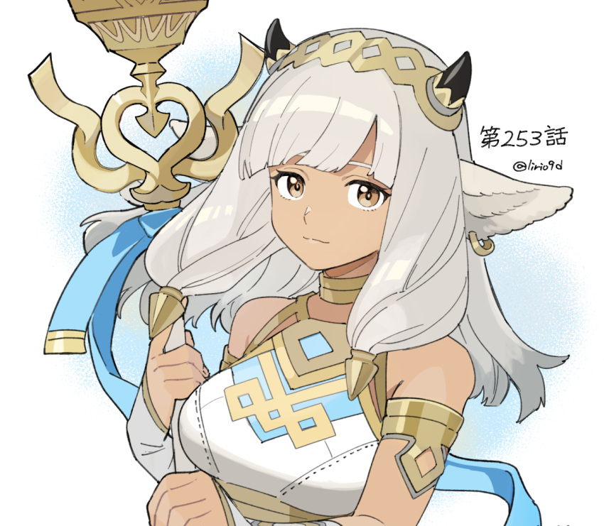 1girl animal_ears ash_(fire_emblem) bicep_strap black_horns breasts brown_eyes cow_ears cow_girl cow_horns dark-skinned_female dark_skin fire_emblem fire_emblem_heroes grey_hair holding holding_staff horns kitano_ririo large_breasts solo staff