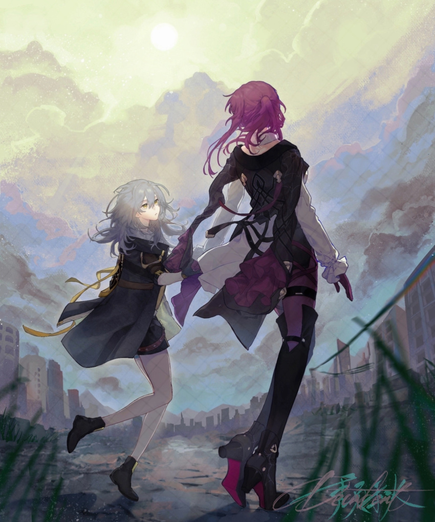 2girls autrisan black_footwear black_jacket black_shorts boots building chinese_commentary city clouds cloudy_sky colored_shoe_soles commentary_request day facing_away frilled_sleeves frills full_body gloves grass grey_hair high_heels highres holding_hands honkai:_star_rail honkai_(series) jacket jacket_on_shoulders kafka_(honkai:_star_rail) leg_up long_sleeves looking_at_another medium_hair multiple_girls outdoors pantyhose parted_lips ponytail purple_gloves purple_hair purple_pantyhose shirt shorts signature sky standing stelle_(honkai:_star_rail) sun thigh_boots thigh_strap trailblazer_(honkai:_star_rail) white_shirt yellow_eyes yellow_sky