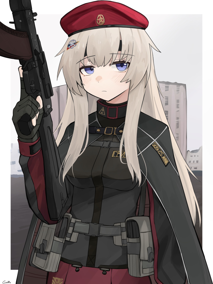 1girl absurdres ak-74m ak74m_(girls'_frontline) assault_rifle beret breasts building camouflage_cloak camouflage_gloves ear_protection gamryous girls_frontline gun hair_ornament hat highres holding holding_gun holding_weapon kalashnikov_rifle light_brown_hair long_hair looking_afar medium_breasts original red_star rifle russia russian_flag simple_background snowflake_hair_ornament solo star_(symbol) tactical_clothes violet_eyes weapon