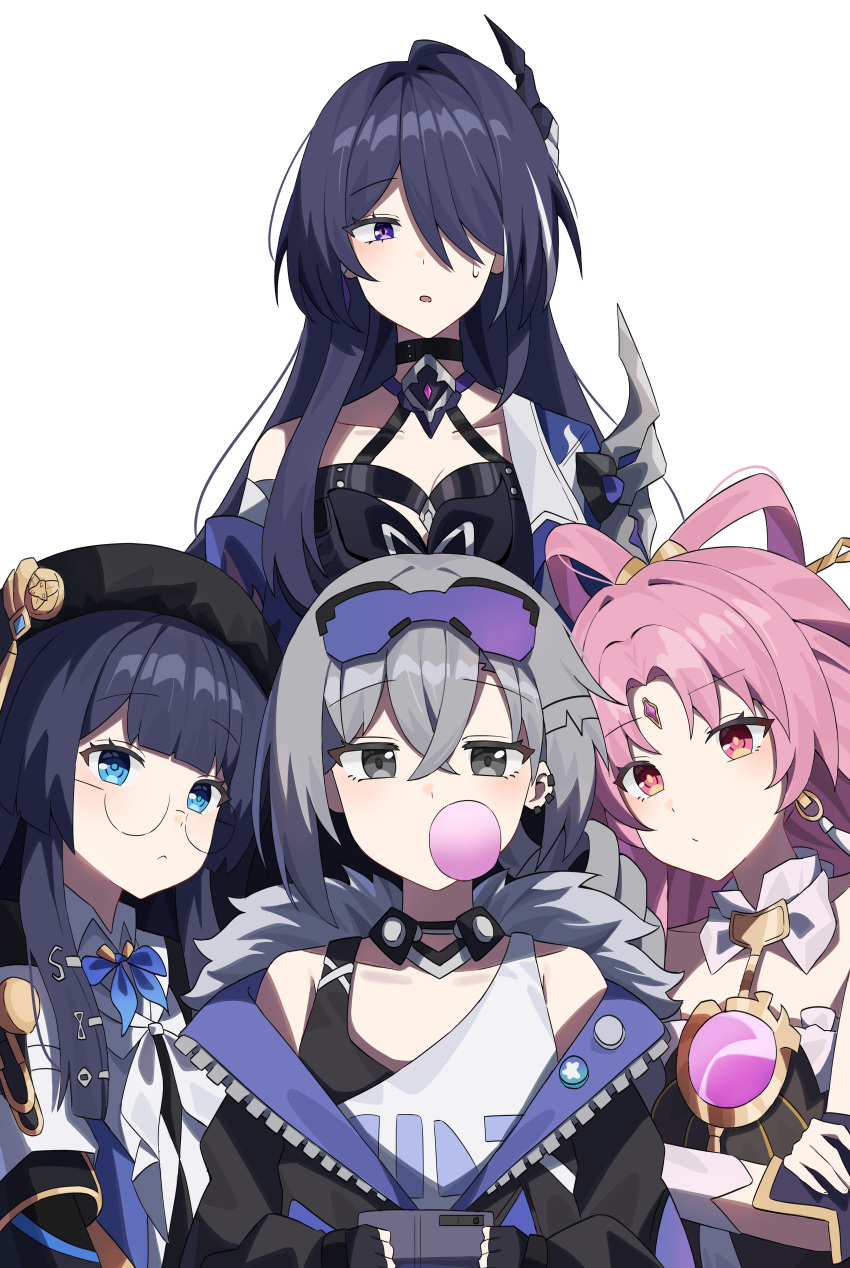 4girls absurdres acheron_(honkai:_star_rail) armor bandaged_arm bandages bare_shoulders black_choker black_gloves black_hat black_jacket blowing_bubbles blue_eyes bow bow-shaped_hair breasts cellphone chewing_gum choker closed_mouth coat collar commentary_request criss-cross_halter crossed_arms detached_collar earrings fingerless_gloves forehead_jewel fu_xuan_(honkai:_star_rail) fur-trimmed_jacket fur_trim glasses gloves grey_hair hair_between_eyes hair_bow hair_ornament hair_over_one_eye hair_rings halterneck hat highres holding holding_phone honkai:_star_rail honkai_(series) jacket jewelry katr5878 korean_commentary large_breasts light_blush long_hair looking_at_viewer looking_to_the_side medium_breasts medium_hair multicolored_hair multiple_girls open_clothes open_jacket open_mouth pela_(honkai:_star_rail) phone pink_hair purple_hair red_eyes shirt shoulder_armor silver_wolf_(honkai:_star_rail) simple_background single_bare_shoulder small_breasts smartphone streaked_hair sweatdrop unworn_eyewear very_long_hair violet_eyes white_background white_coat white_collar white_gloves white_jacket white_shirt