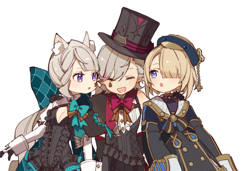 1girl 2boys :d :o ^_^ aiwo_o_lite animal_ear_fluff animal_ears aqua_bow aqua_bowtie award_ribbon beret black_capelet black_corset black_dress black_gloves black_hat black_jacket black_shirt blonde_hair blue_eyes blue_hat blunt_bangs blush bow bowtie brother_and_sister brothers brown_bow brown_bowtie buttons capelet cat_ears center_frills closed_eyes commentary_request corset dress eyelashes facial_mark freminet_(genshin_impact) frills genshin_impact gloves gold_trim grey_hair hair_between_eyes hair_bow hair_over_one_eye hand_on_another's_shoulder hat huge_bow jacket juliet_sleeves long_hair long_sleeves looking_at_another looking_to_the_side low_ponytail lynette_(genshin_impact) lyney_(genshin_impact) multicolored_hair multiple_boys one_eye_covered open_mouth parted_bangs ponytail puffy_sleeves red_bow red_bowtie redhead shirt short_dress short_hair shrug_(clothing) siblings sidelocks simple_background sleeve_cuffs sleeveless sleeveless_shirt smile star_(symbol) star_facial_mark streaked_hair swept_bangs teardrop_facial_mark tilted_headwear top_hat two-tone_gloves very_long_hair violet_eyes white_background white_gloves white_shirt