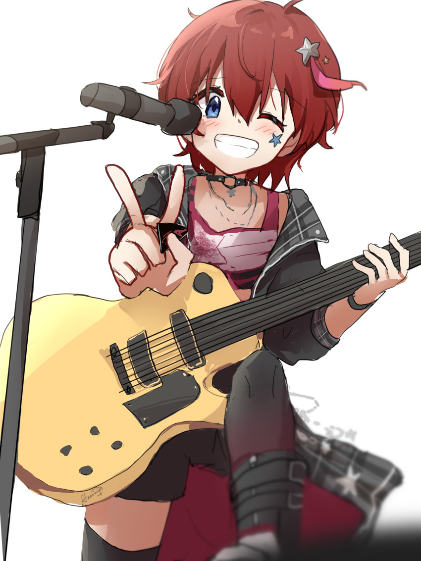 1girl absurdres black_footwear black_jacket black_shorts black_thighhighs blue_eyes blurry blush boots breasts commentary depth_of_field dot_nose electric_guitar facial_mark grin guitar hair_ornament highres holding holding_guitar holding_instrument holding_plectrum idolmaster idolmaster_million_live! idolmaster_million_live!_theater_days instrument jacket jewelry julia_(idolmaster) leg_up long_sleeves looking_at_viewer microphone microphone_stand necklace nnnn one_eye_closed plectrum red_shirt redhead shirt short_hair shorts signature simple_background small_breasts smile solo star_(symbol) star_facial_mark star_hair_ornament thigh-highs v white_background