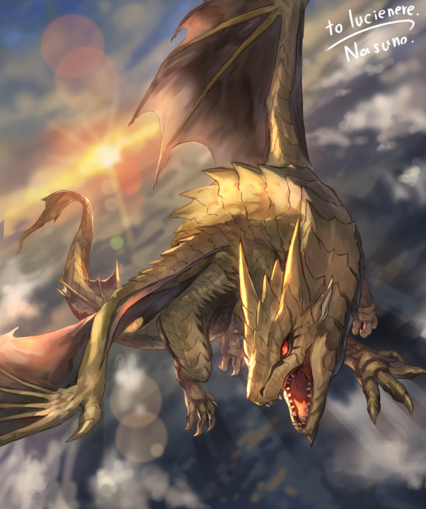 above_clouds animal_focus claws clouds commission commissioner_name dragon flying full_body highres horns lens_flare looking_to_the_side midair nasuno_posi no_humans open_mouth original outdoors red_eyes scales sharp_teeth signature skeb_commission slit_pupils solo tail teeth western_dragon wings yellow_scales