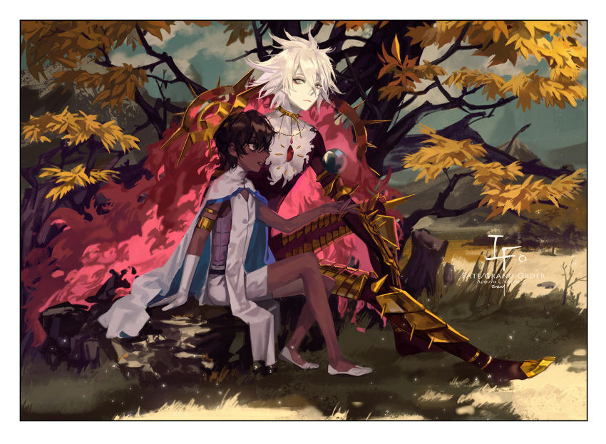 2boys arjuna_(fate) armor bishounen black_eyes black_hair blue_eyes brothers cape chest_jewel child clouds cloudy_sky collar colored_skin commentary dark-skinned_male dark_skin dith_ytk fate/grand_order fate_(series) from_side full_body gloves grass hair_between_eyes half-brothers indian_clothes karna_(fate) knee_up looking_at_viewer male_focus multiple_boys outdoors pale_skin pectorals profile short_hair siblings signature sitting size_difference sky spiked_collar spikes tree white_cape white_gloves white_hair white_skin