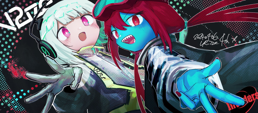 2girls :d absurdres black_background black_jacket blue_skin colored_skin copyright_name dated gloves goggles goggles_on_head hair_between_eyes headphones highres invaders_(record_label) invtam jacket logo long_hair long_sleeves looking_at_viewer looking_back multiple_girls open_mouth pink_eyes py-2 red_eyes red_nails redhead sharp_teeth short_hair smile striped_clothes striped_jacket teeth twintails upper_body virtualize_realize w white_gloves white_hair
