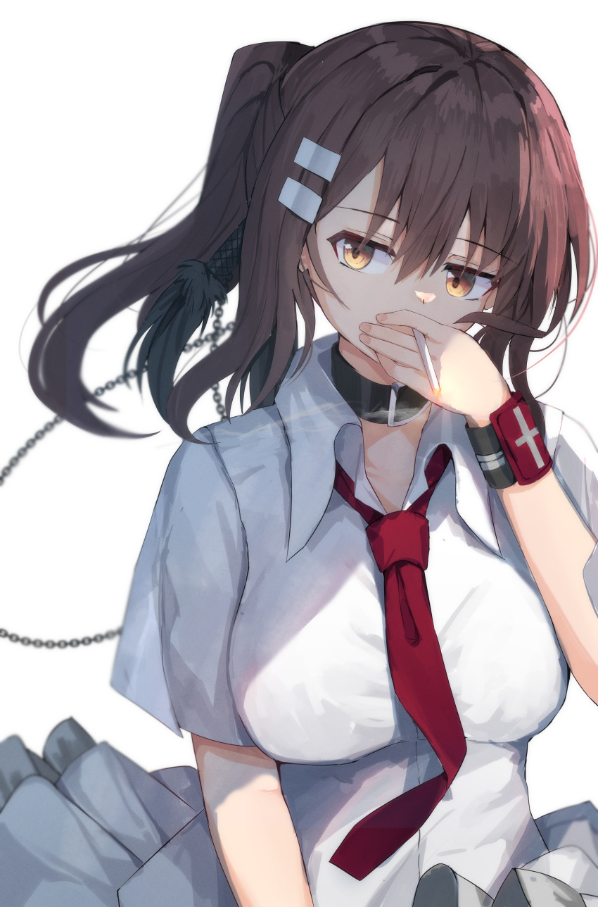 1girl absurdres arm_at_side black_choker breasts brown_eyes brown_hair choker cigarette collared_shirt commentary covered_mouth expressionless eyes_visible_through_hair floating_hair hair_between_eyes hair_ornament hairclip hand_up highres large_breasts long_hair looking_to_the_side minakami_yuki necktie nodoameyatou ponytail red_necktie shirt short_sleeves sidelighting simple_background smoke smoking solo subarashiki_hibi upper_body white_background white_shirt