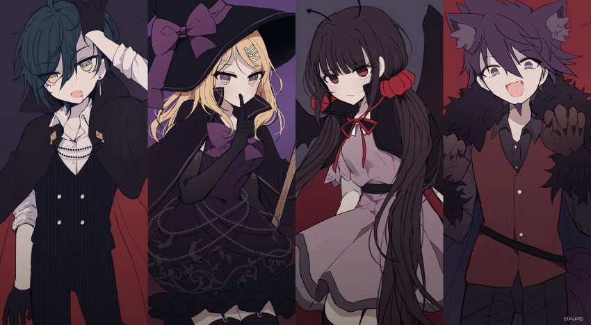 2boys 2girls akamatsu_kaede alternate_costume animal_ear_fluff animal_ears animal_hands antennae asymmetrical_bangs asymmetrical_sleeves bad_id bad_twitter_id bat_wings bead_necklace beads belt belt_buckle black_background black_belt black_cape black_dress black_gloves black_hat black_jacket black_pants black_sash black_shirt black_thighhighs black_wings blonde_hair blood blood_from_mouth blue_hair blunt_bangs bow bowtie brown_gloves brown_hair buckle buttons cape claws closed_mouth collarbone collared_cape collared_shirt commentary_request cowboy_shot dalrye_v3 danganronpa_(series) danganronpa_v3:_killing_harmony dress earrings elbow_gloves eyelashes facial_hair fang fangs finger_to_mouth floral_print frown fur-trimmed_cape fur-trimmed_gloves fur_trim gloves goatee grey_background grey_cape hair_between_eyes hair_ornament hair_scrunchie halloween halloween_costume hand_on_own_head harukawa_maki hat hat_bow high_collar highres jacket jewelry kemonomimi_mode korean_commentary long_hair long_sleeves looking_at_viewer momota_kaito multicolored_background multiple_boys multiple_girls musical_note musical_note_hair_ornament neck_ribbon necklace open_mouth pants paw_gloves paw_pose pleated_skirt purple_background purple_bow purple_bowtie purple_dress purple_hair purple_sleeves red_background red_cape red_eyes red_ribbon red_scrunchie red_vest ribbed_legwear ribbon saihara_shuichi sash scrunchie shirt short_dress short_sleeves simple_background skirt sleeve_rolled_up sleeveless sleeveless_dress smile spiky_hair tassel tassel_earrings thigh-highs twitter_username two-sided_cape two-sided_fabric v-neck vampire very_long_hair vest violet_eyes waist_sash white_shirt white_sleeves wings witch_hat wolf_ears yellow_eyes