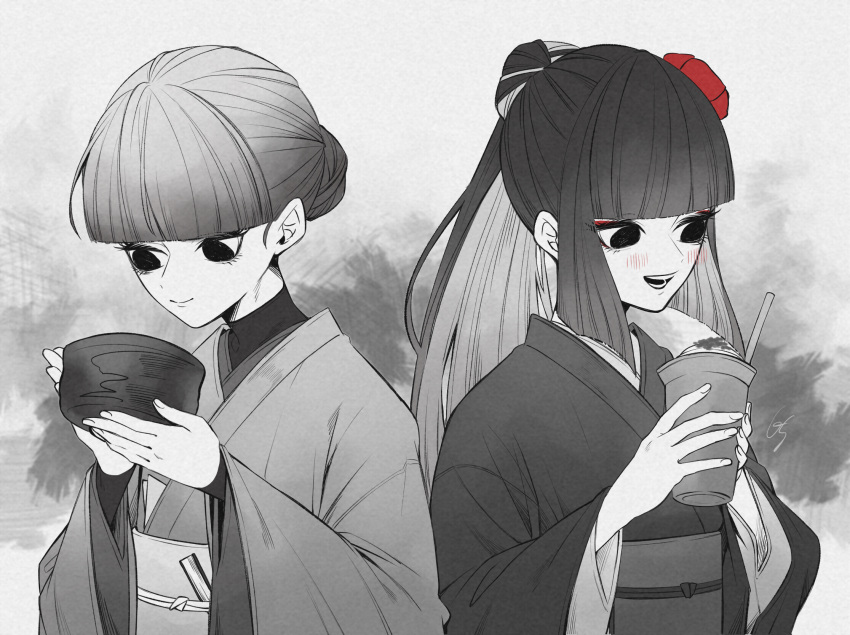 2girls blush cup fate/grand_order fate_(series) gs999000 hair_bun highres holding holding_cup japanese_clothes kimono komahime_(fate) long_hair monochrome multiple_girls obi open_mouth sash sen_no_rikyu_(fate) sidelocks smile spot_color upper_body