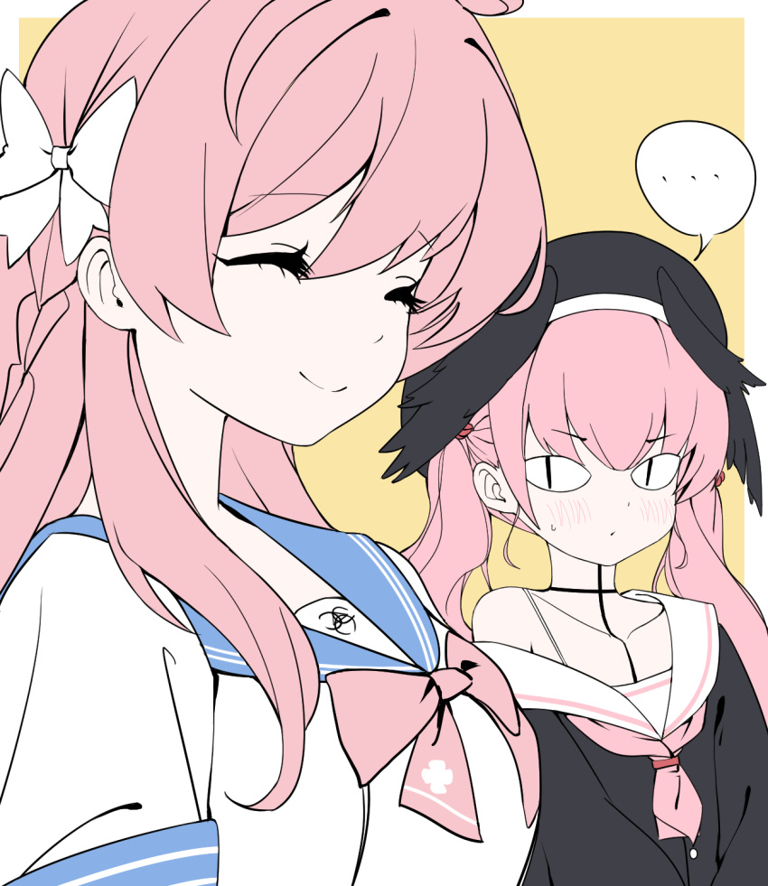 Safebooru - \u003c|\u003e \u003c|\u003e ... 2girls beret black hat black shirt black wings blue  archive blue sailor collar blush closed eyes closed mouth collarbone hanako  (blue archive) hat head wings highres koharu (, image size:850x981