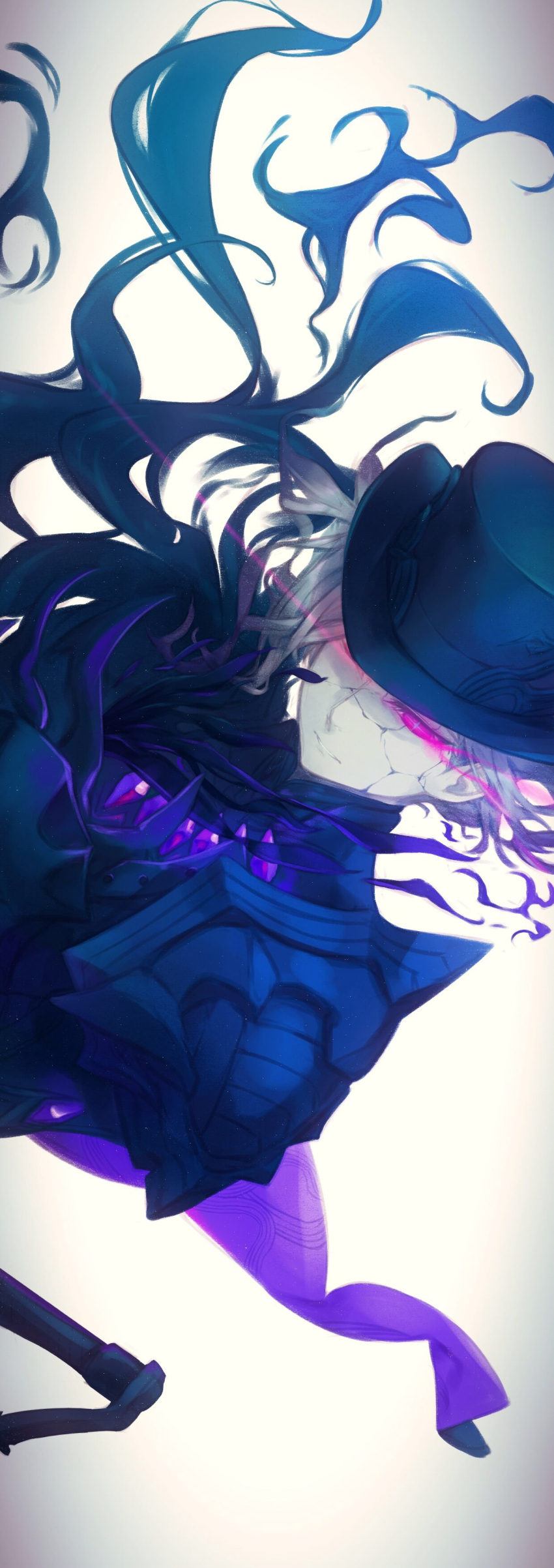 1boy absurdres cracked_skin cross-shaped_pupils daisi_gi edmond_dantes_(fate) eye_trail fate/grand_order fate_(series) glowing glowing_eye grey_hair hat highres light_trail male_focus symbol-shaped_pupils the_count_of_monte_cristo_(fate) violet_eyes