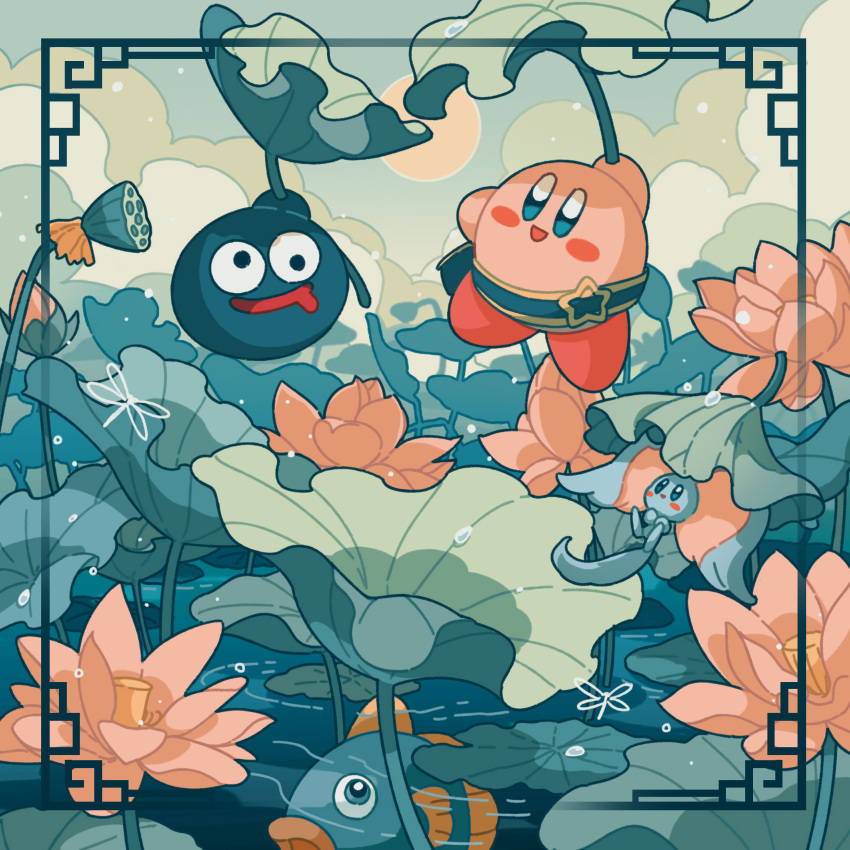 :d absurdres arm_up bag blue_bag blue_eyes blue_sky blush blush_stickers bug clouds day dragonfly elfilin fish floating flower glef_life gooey_(kirby) highres holding holding_leaf kine_(kirby) kirby kirby_(series) leaf lotus lotus_leaf lotus_pod no_humans open_mouth outdoors pink_flower sky smile star_(symbol) sun underwater wall-eyed water water_drop