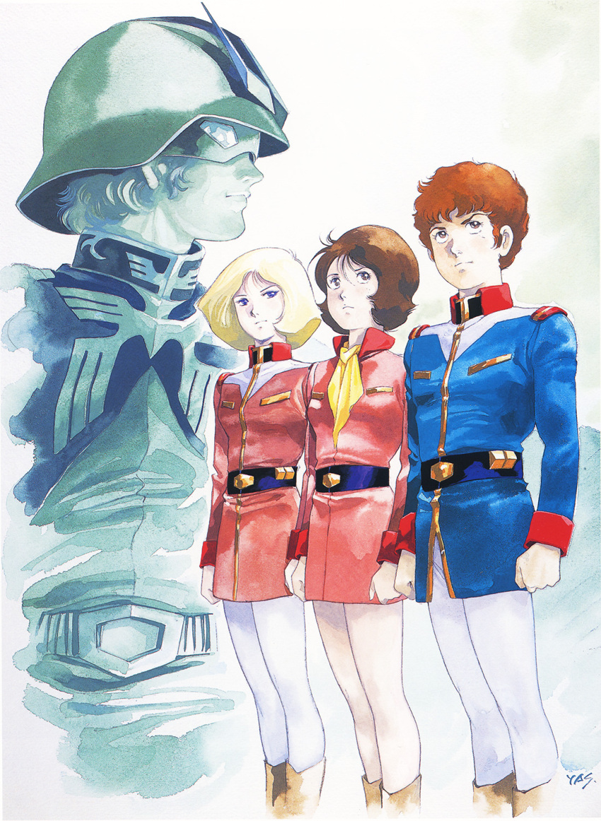 1970s_(style) 1980s_(style) 2boys 2girls amuro_ray belt blonde_hair boots brown_hair char_aznable earth_federation fraw_bow ghost gundam highres looking_ahead mobile_suit_gundam multiple_boys multiple_girls production_art promotional_art retro_artstyle sayla_mass scarf signature uniform yellow_scarf zeon