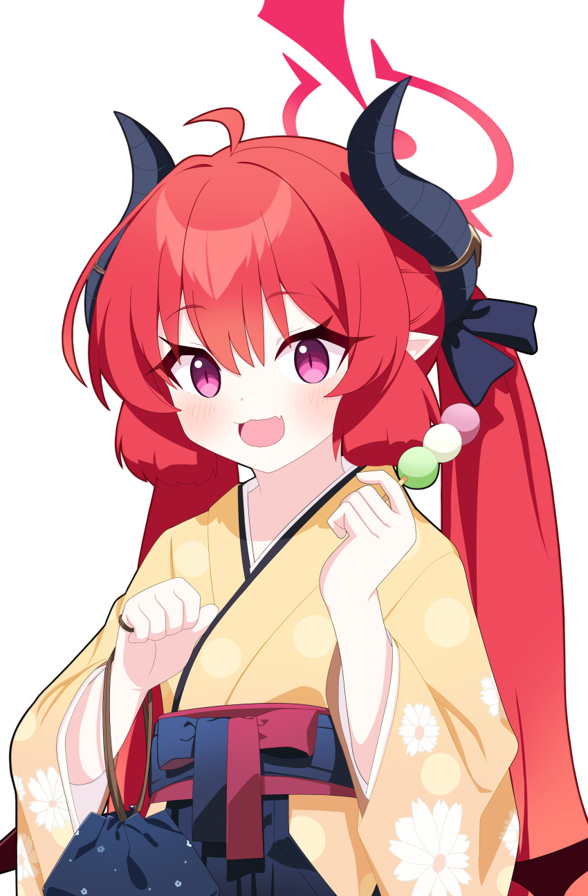 1girl :d absurdres ahoge blue_archive blue_hakama blush brown_kimono commentary_request dango demon_horns fang floral_print food hair_between_eyes hakama halo highres holding holding_food horns japanese_clothes junko_(blue_archive) kimono long_hair obi pointy_ears print_kimono redhead sanshoku_dango sash simple_background smile solo sprout_(haji_s) twintails very_long_hair violet_eyes wagashi white_background