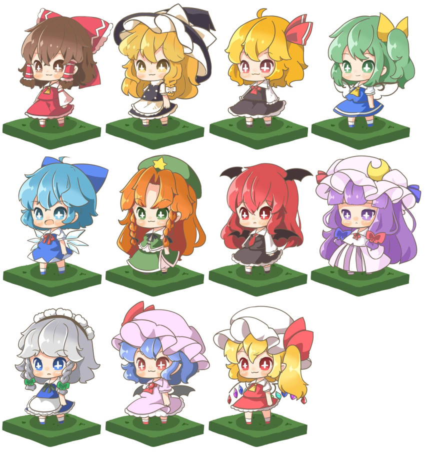 +_+ 6+girls apron ascot bat_wings black_footwear black_hat black_skirt black_vest black_wings blonde_hair blue_bow blue_dress blue_eyes blue_footwear blue_hair blue_skirt blue_vest bow braid brown_eyes brown_hair chibi cirno closed_mouth collared_shirt crescent crescent_hat_ornament daiyousei detached_sleeves detached_wings dress embodiment_of_scarlet_devil flandre_scarlet frilled_apron frilled_hair_tubes frills green_eyes green_hair green_hat green_skirt green_vest grey_hair hair_bow hair_tubes hakurei_reimu hat hat_ornament head_wings highres hong_meiling izayoi_sakuya kirisame_marisa koakuma large_hat light_smile long_hair long_sleeves medium_hair mob_cap multicolored_wings multiple_girls neck_ribbon necktie one_side_up open_mouth orange_hair patchouli_knowledge pinafore_dress pink_dress pink_hat pointy_ears puffy_short_sleeves puffy_sleeves purple_hair red_ascot red_bow red_eyes red_footwear red_necktie red_ribbon red_shirt red_skirt redhead remilia_scarlet ribbon rumia shirt short_sleeves skirt sleeveless sleeveless_dress sleeveless_shirt socks standing star_(symbol) star_hat_ornament striped_clothes striped_dress syuyak61 tachi-e touhou twin_braids vertical-striped_clothes vertical-striped_dress very_long_hair vest white_apron white_bow white_hat white_shirt white_socks wide_sleeves wings witch_hat yellow_ascot yellow_bow yellow_eyes