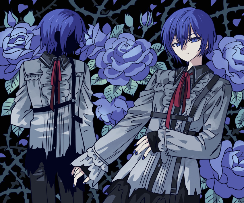 2boys arm_behind_back belt black_background black_belt black_pants blue_eyes blue_flower blue_hair blue_nails blue_rose chest_harness closed_mouth collared_shirt commentary_request faceless faceless_male floral_background flower grey_shirt harness highres kaito_(vocaloid) korean_commentary long_sleeves looking_at_viewer male_focus meremero multiple_boys nail_polish neck_ribbon pants plant project_sekai red_ribbon ribbon rose shirt short_hair silhouette standing thorns vines