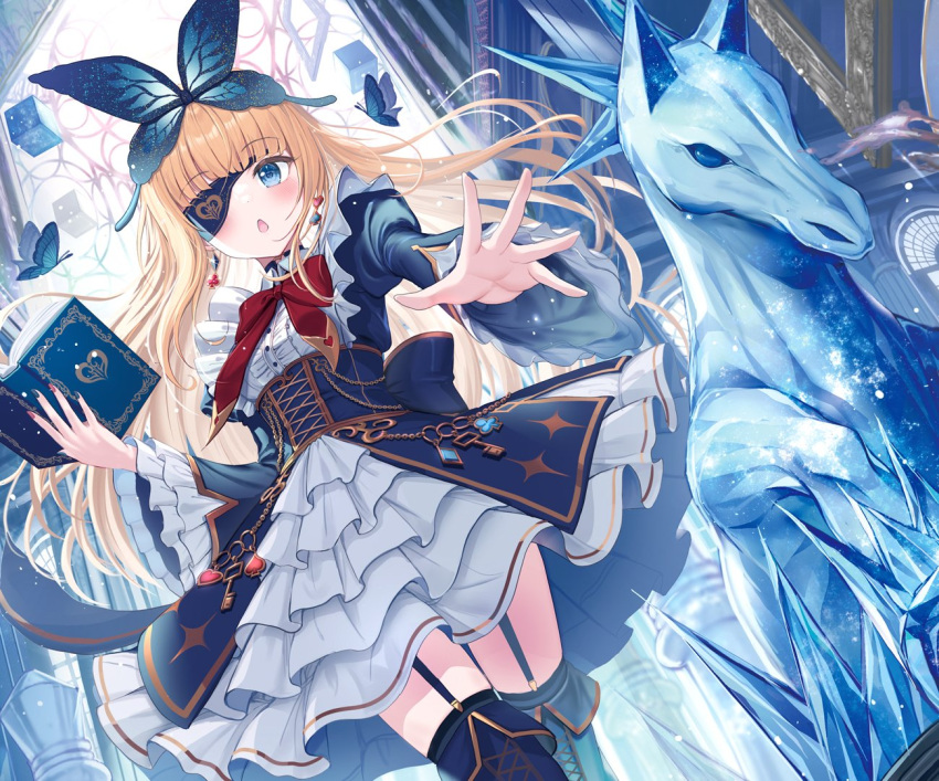 1girl akabane_(zebrasmise) black_choker blonde_hair blue_butterfly blue_dress blue_eyes blue_nails blue_thighhighs blush book bow bowtie bug butterfly chess_piece choker club_(shape) club_earrings cube diamond_(shape) diamond_earrings dress earrings eyepatch frilled_dress frilled_sleeves frills heart heart_earrings heart_o-ring heart_ring_choker horse_statue indoors jewelry key long_hair nail_polish original red_bow red_bowtie red_nails solo spade_(shape) spade_earrings stained_glass statue thigh-highs