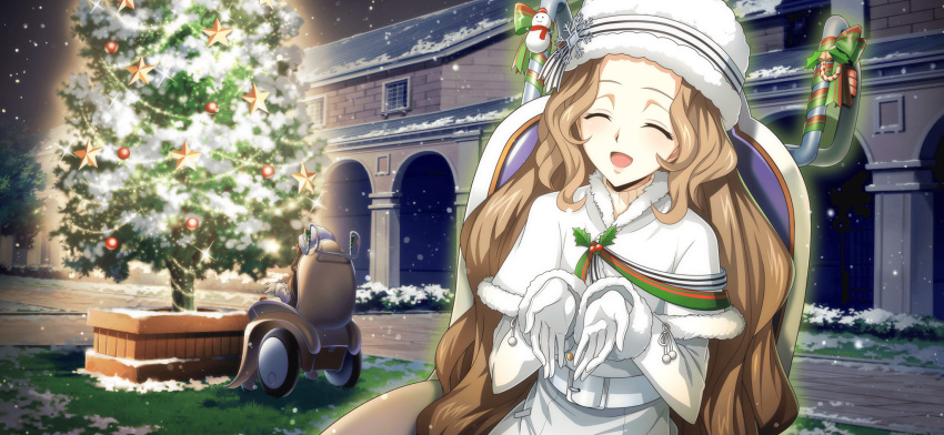 1girl ^_^ arch artist_request belt blush brown_hair bush capelet child christmas christmas_ornaments christmas_tree closed_eyes coat code_geass code_geass:_lost_stories cupping_hands facing_viewer flat_chest fur-trimmed_capelet fur-trimmed_sleeves fur_hat fur_trim game_cg gloves glowing grass green_ribbon hands_up happy hat hat_ornament hat_ribbon highres light_blush long_hair multiple_views night non-web_source nunnally_vi_britannia official_art open_mouth outdoors own_hands_together papakha pocket powered_wheelchair ribbon sidelocks sitting smile snow snowing sparkle upper_body very_long_hair wheelchair white_capelet white_coat white_gloves white_hat white_ribbon winter_clothes