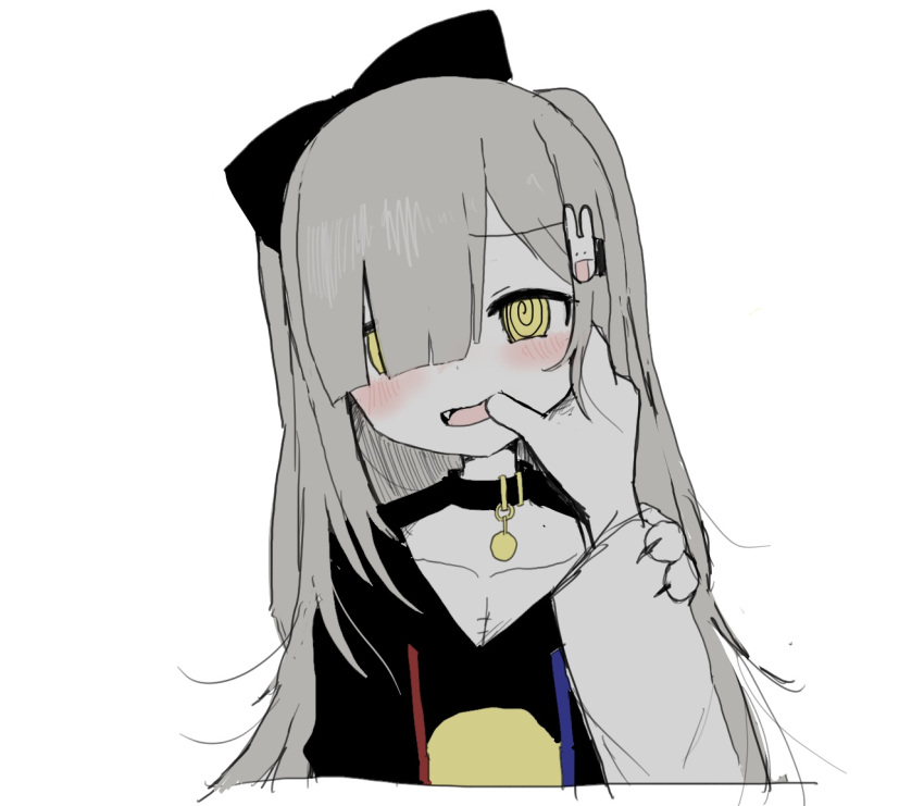 1girl @_@ blunt_bangs blush collar fang finger_in_another's_mouth grey_hair hair_ornament hair_over_one_eye long_hair original oyasu_miyo_(vreparty) pale_skin rabbit_hair_ornament simple_background stitches vreparty white_background yellow_eyes