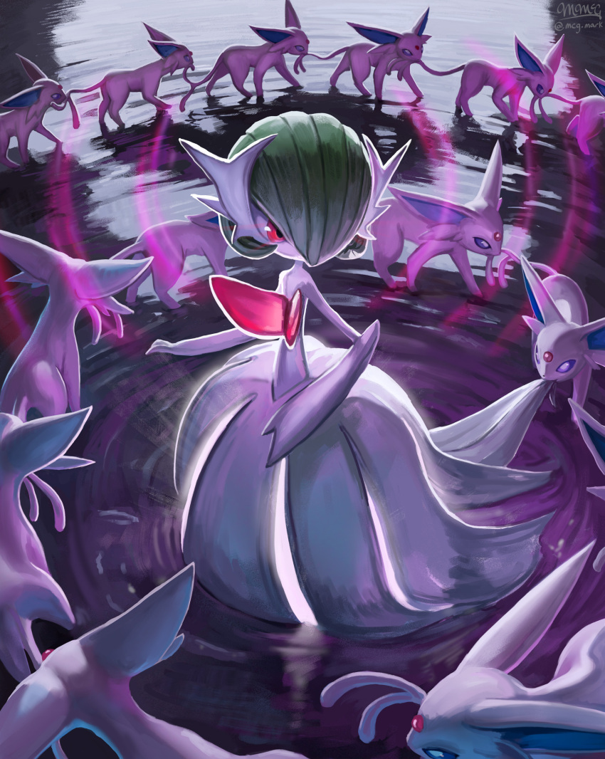 artist_name biting_another's_tail bob_cut colored_skin dress elbow_gloves espeon forehead_jewel gardevoir gloves green_hair highres mcgmark mega_gardevoir mega_pokemon pink_eyes pokemon pokemon_(creature) purple_fur ripples tail violet_eyes white_dress white_gloves white_skin