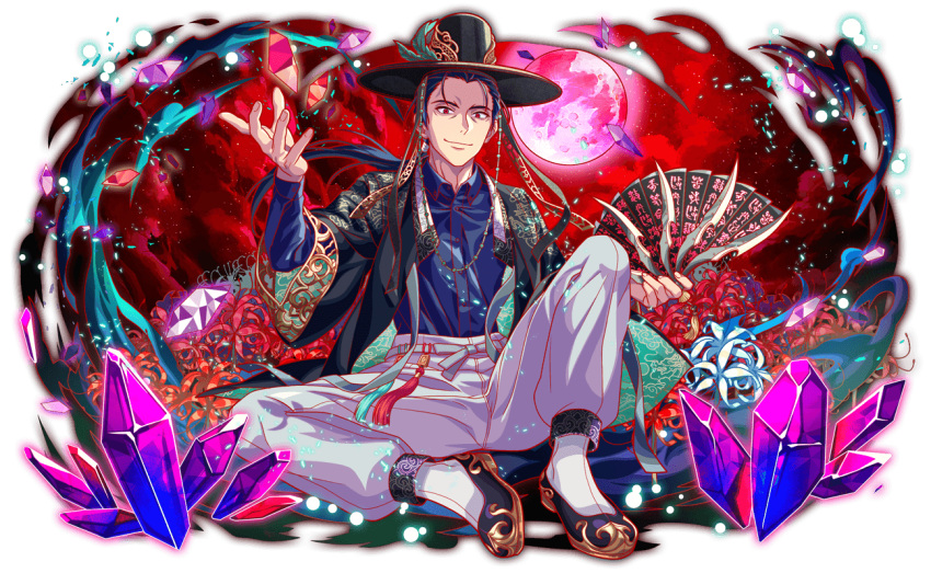 1boy aqua_flower aqua_tassel artist_request baji black_coat black_hair black_hat blue_collar blue_shirt blue_sleeve_cuffs blue_sleeves buttons cheon-nyeon-jang-ja_(crash_fever) closed_mouth clothing_request clouds cloudy_sky coat collar collared_shirt crash_fever crystal dress_shirt fingernails flower full_body full_moon game_cg gat_(korean_traditional_hat) gomusin hand_fan hat holding holding_fan korean_clothes light_particles long_sleeves looking_at_viewer mature_male moon multicolored_coat norigae official_art open_clothes open_coat outline outstretched_hand pants red_clouds red_eyes red_flower red_moon red_outline red_sky saturated shirt short_hair sitting sky sleeve_cuffs smirk solo spider_lily tachi-e tassel transparent_background two-sided_coat two-sided_fabric two-sided_sleeves two-tone_coat two-tone_footwear white_pants wide_sleeves