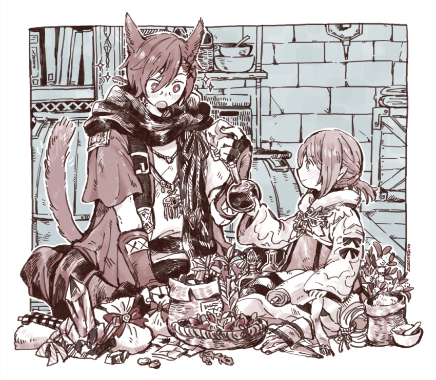 1boy 1girl :o animal_ears cat_ears cat_tail final_fantasy final_fantasy_xiv flour holding itowo_(itowc) lalafell miqo'te mortar_(bowl) pants pestle red_eyes redhead scarf sitting smile sparkling_eyes tail tail_raised vial warrior_of_light_(ff14)