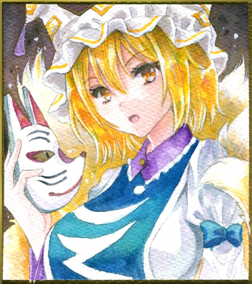 1girl :o blonde_hair blue_tabard breasts dress fox_mask hajike_akira hat highres juliet_sleeves large_breasts long_sleeves looking_at_viewer mask mob_cap multiple_tails ofuda ofuda_on_clothes open_mouth puffy_sleeves short_hair solo tabard tail tassel touhou traditional_media white_dress white_hat yakumo_ran yellow_eyes yellow_theme