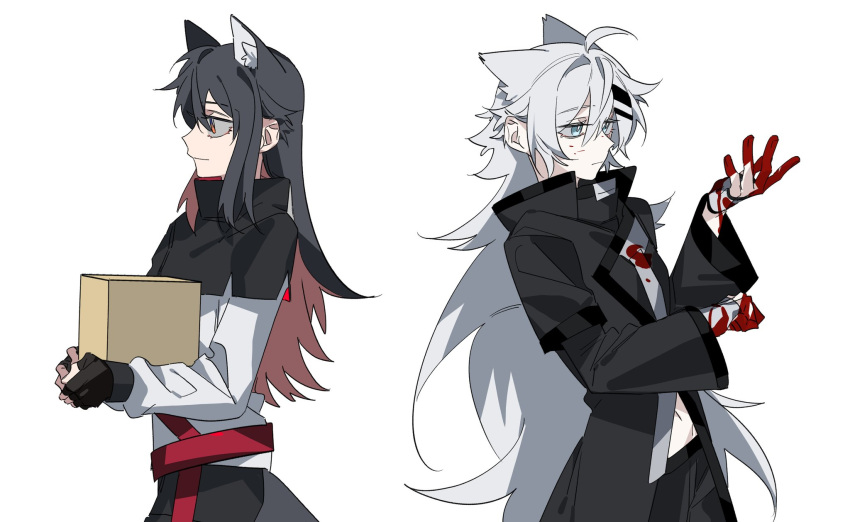 2girls animal_ears arknights belt black_capelet black_coat black_gloves black_hair blood blood_on_clothes blood_on_face blood_on_hands blue_eyes bright_pupils capelet closed_mouth coat commentary fingerless_gloves gloves grey_gloves hair_ornament hairclip highres lappland_(arknights) long_hair long_sleeves molu_stranger multicolored_hair multiple_girls orange_eyes redhead shirt simple_background smile texas_(arknights) upper_body very_long_hair white_background white_hair white_pupils white_shirt wolf_ears