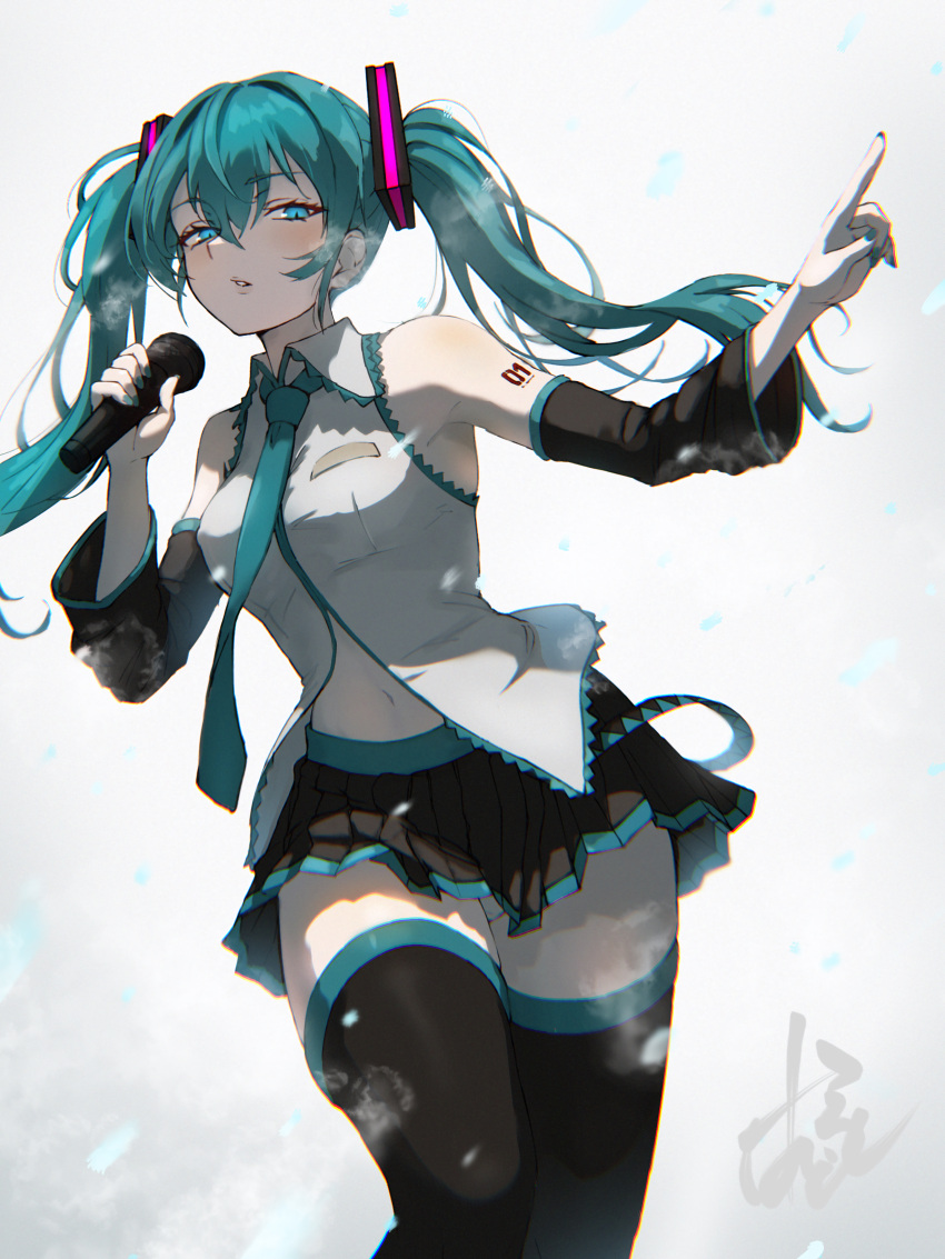 1girl absurdres arm_tattoo bare_shoulders black_skirt black_thighhighs blue_eyes blush breasts collared_shirt commentary detached_sleeves expressionless eyelashes feet_out_of_frame floating_hair green_hair green_nails green_necktie grey_background grey_shirt hair_between_eyes hand_up hatsune_miku highres holding holding_microphone hylran0427 index_finger_raised long_hair long_sleeves looking_at_viewer medium_breasts microphone miniskirt nail_polish navel necktie outdoors outstretched_arm parted_lips partially_unbuttoned pleated_skirt shirt signature simple_background skirt sleeveless sleeveless_shirt slit_pupils snowing solo standing tattoo thigh-highs tsurime twintails very_long_hair vocaloid wide_sleeves zettai_ryouiki