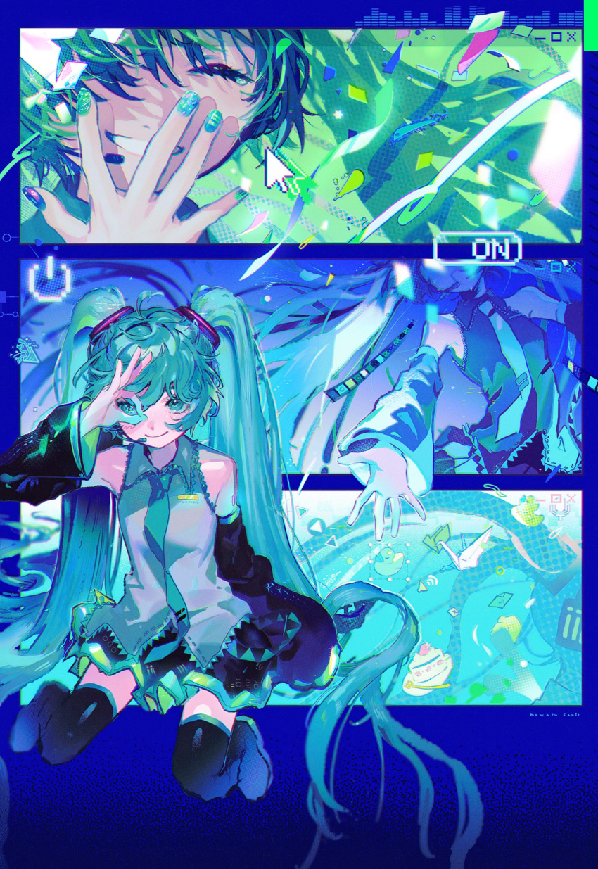 1girl absurdres aqua_eyes aqua_hair aqua_nails aqua_necktie bare_shoulders black_footwear black_skirt black_sleeves boots closed_eyes closed_mouth commentary cursor detached_sleeves english_commentary facing_viewer green_nails grin hatsune_miku highres long_hair long_sleeves looking_at_viewer mawarusanso miniskirt multicolored_nails multiple_views nail_art nail_polish necktie ok_sign ok_sign_over_eye pleated_skirt purple_nails shirt skirt sleeveless sleeveless_shirt smile teeth thigh-highs thigh_boots twintails very_long_hair vocaloid white_shirt window_(computing)