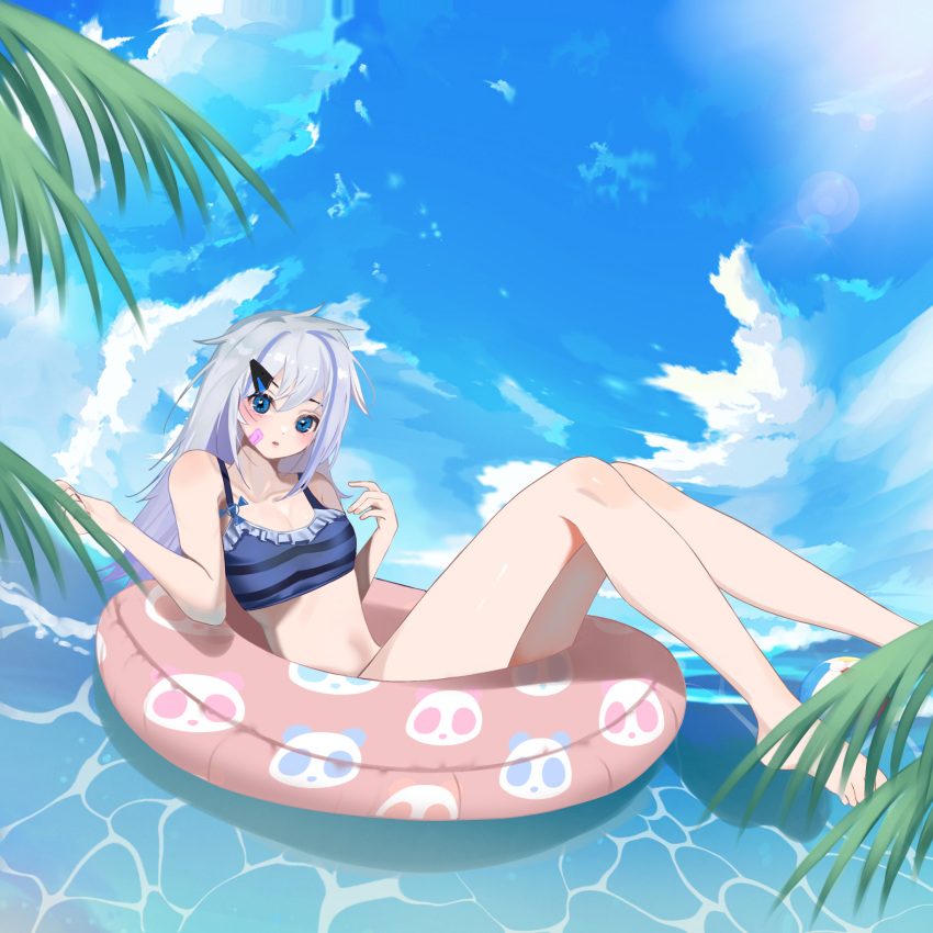 1girl alice_(sheshhhan) ball bandaid bare_legs bare_shoulders barefoot beach beachball blue_eyes blue_hair blue_sky breasts commission commissioner_upload frills hair_ornament highres long_hair looking_at_viewer multicolored_hair navel non-web_source open_mouth original sky small_breasts striped_clothes swim_ring swimsuit thighs two-tone_hair white_hair yoshikazuoxii