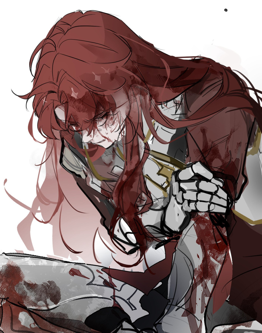 1boy argenti_(honkai:_star_rail) armor blood blood_on_clothes blood_on_face hair_between_eyes highres honkai:_star_rail honkai_(series) injury long_hair male_focus oryunbunkosu redhead simple_background solo white_background