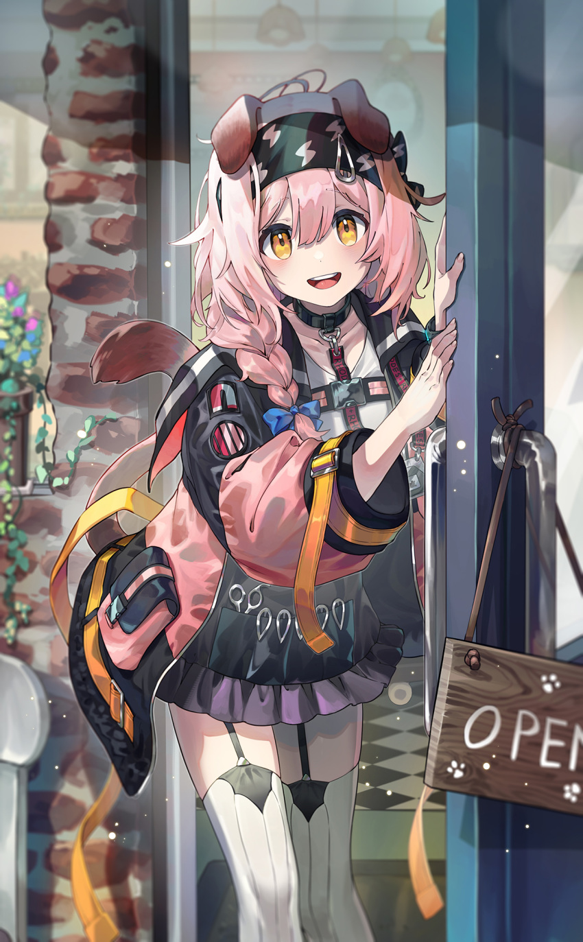 1girl :d animal_ears arknights black_choker black_hairband black_jacket braid brick_wall cat_ears cat_girl cat_tail checkered_floor choker commentary door doorway english_commentary floppy_ears garter_straps goldenglow_(arknights) hairband high-waist_skirt highres id_card jacket lightning_bolt_print long_hair looking_at_viewer miniskirt multicolored_clothes multicolored_jacket open_clothes open_jacket open_mouth open_sign opening_door paw_print pink_hair pink_jacket pleated_skirt pov_doorway print_hairband purple_skirt scissors shirt side_braid sign skirt smile solo tail teeth thigh-highs toga_(toganawa) upper_teeth_only white_shirt white_thighhighs window yellow_eyes