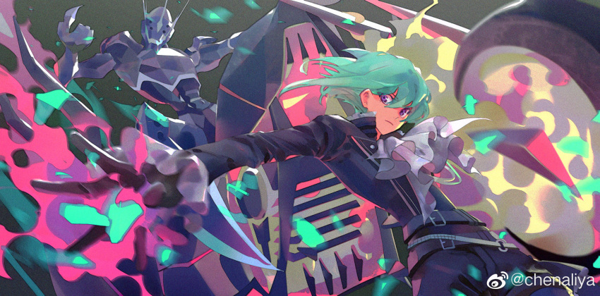 1boy ascot beckoning belt biker_clothes black_gloves black_jacket body_armor chenalii chinese_commentary closed_mouth commentary_request fire gloves green_fire green_hair half_gloves highres jacket lio_fotia male_focus multiple_belts outstretched_hand promare purple_fire pyrokinesis violet_eyes watermark weibo_logo weibo_username