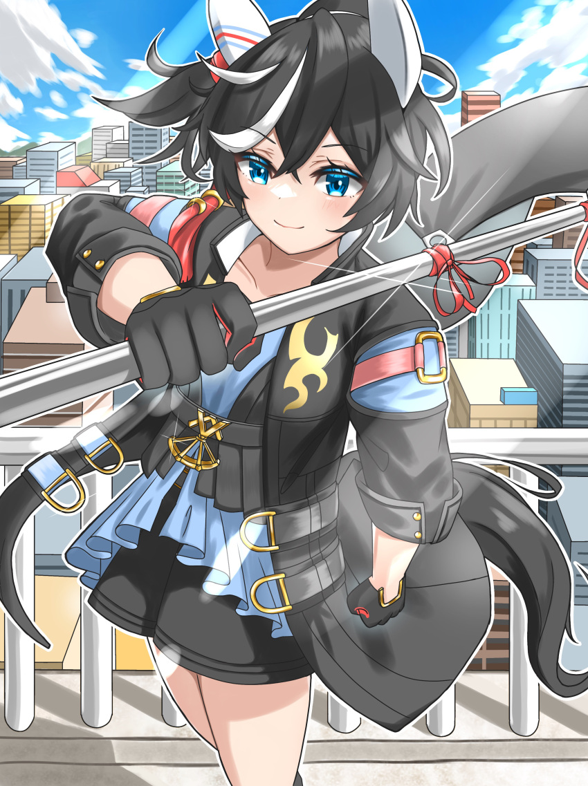 1girl absurdres animal_ears black_coat black_gloves black_hair black_shorts blue_eyes blue_shirt blue_sky blush breasts button_gap clenched_hand closed_mouth clouds cloudy_sky coat commentary_request cowboy_shot ear_covers fingerless_gloves flag floating_hair gloves hair_between_eyes hair_ornament haruun520 highres holding holding_flag horse_ears horse_girl jacket katsuragi_ace_(umamusume) lens_flare long_sleeves looking_at_viewer medium_hair multicolored_hair open_clothes open_jacket outdoors ponytail red_gloves rooftop shirt short_hair shorts sky small_breasts smile solo sparkle streaked_hair tassel tassel_hair_ornament two-tone_gloves umamusume upper_body v-neck white_hair wind