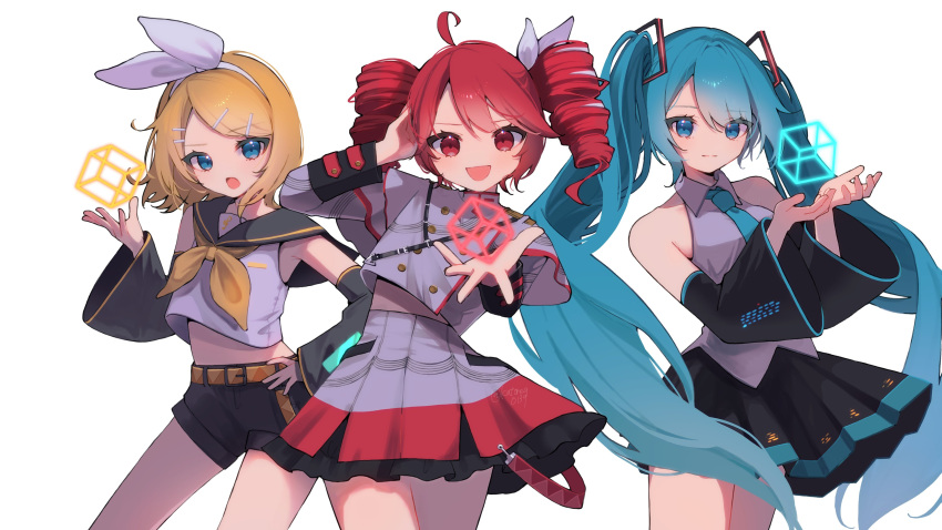 3girls absurdres ahoge aqua_eyes aqua_hair bare_shoulders black_sailor_collar black_shorts black_skirt blonde_hair blue_eyes blue_hair blush bow buttons cropped_shirt cube detached_sleeves double-breasted drill_hair grey_jacket grey_shirt grey_skirt hair_bow hair_ornament hairclip hand_on_own_head hand_on_own_hip hatsune_miku highres holding_cube jacket kagamine_rin kasane_teto kasane_teto_(sv) katorea long_hair long_sleeves looking_at_viewer midriff midriff_peek multiple_girls neckerchief necktie open_mouth pleated_skirt red_eyes redhead ribbon sailor_collar shirt short_hair shorts simple_background skirt sleeve_cuffs smile synthesizer_v twin_drills twintails utau very_long_hair vocaloid white_background white_bow white_shirt yellow_neckerchief