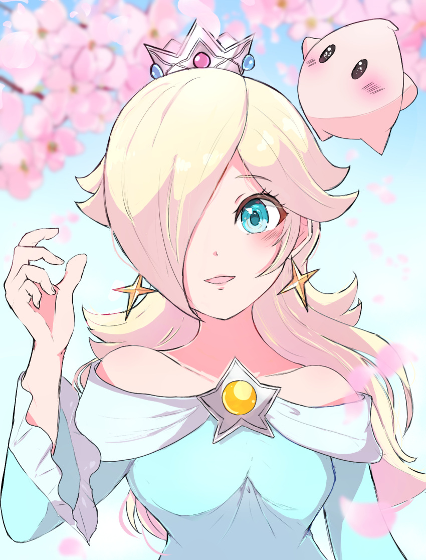 1girl :d ayaka_00709 bare_shoulders blonde_hair blue_dress blue_eyes brooch cherry_blossoms commentary crown dress earrings hair_over_one_eye highres jewelry long_bangs long_hair looking_at_viewer luma_(mario) off-shoulder_dress off_shoulder open_mouth petals rosalina smile star_(symbol) star_brooch star_earrings super_mario_bros. symbol-only_commentary upper_body