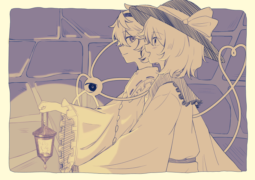 2girls :d absurdres blouse bow brick_wall closed_mouth commentary fire frilled_shirt_collar frilled_sleeves frills from_side hair_between_eyes hairband hat hat_bow heart heart_of_string highres holding holding_lantern koishi_day komeiji_koishi komeiji_satori lantern long_sleeves looking_at_another monochrome multiple_girls open_mouth profile sepia shirt short_hair siblings sisters smile third_eye touhou wide_sleeves yimudesu