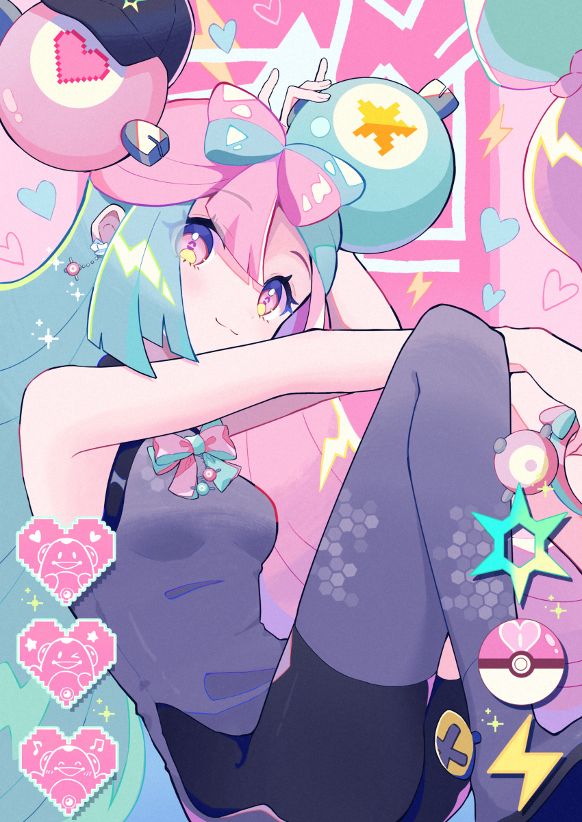 1girl absurdres bow-shaped_hair breasts character_hair_ornament grey_pantyhose hair_ornament haru_(haruxxe) hexagon_print highres iono_(pokemon) long_hair looking_at_viewer low-tied_long_hair multicolored_hair pantyhose pink_hair pokemon pokemon_sv single_leg_pantyhose sleeveless smile solo split-color_hair two-tone_hair