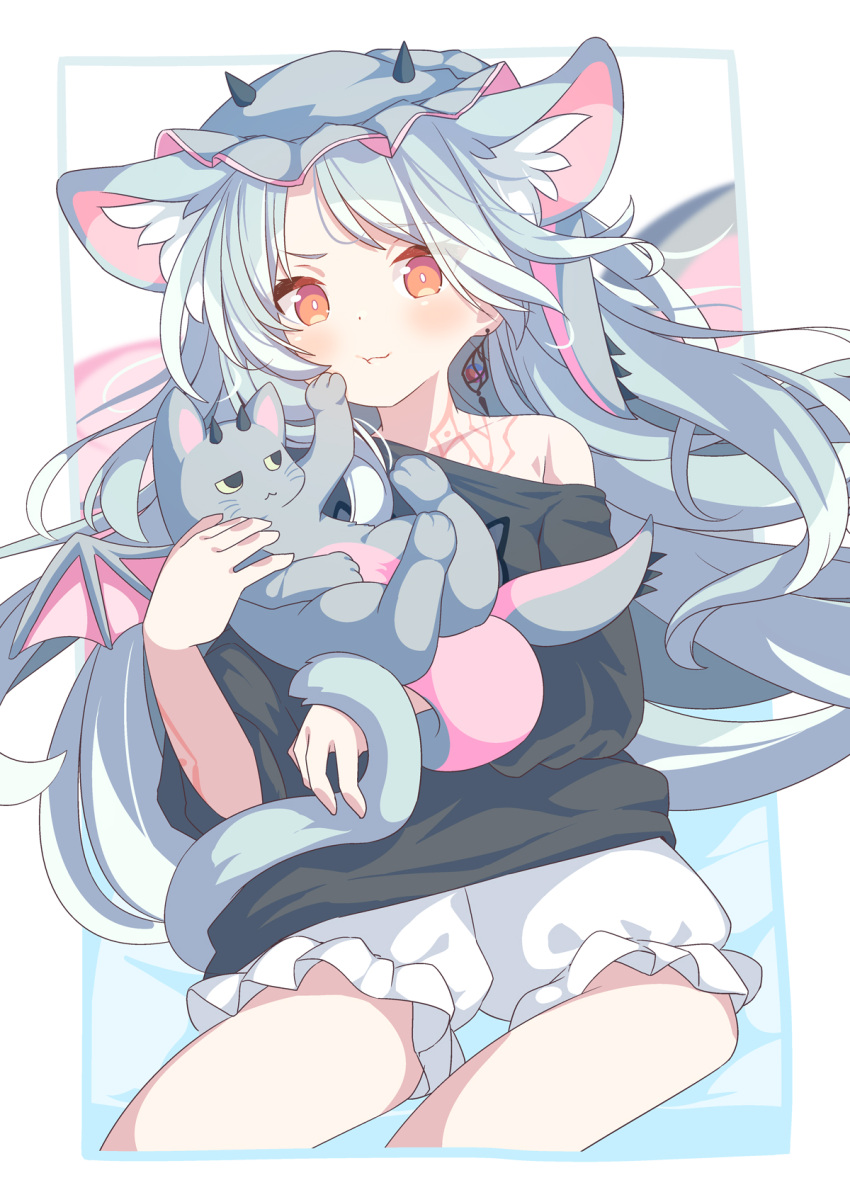 1girl animal_ear_fluff animal_ears bare_shoulders black_shirt bloomers blush closed_mouth commission daidai_ookami feet_out_of_frame grey_hair grey_hat highres horns long_hair mini_wings off_shoulder orange_eyes original pink_wings shirt skeb_commission solo very_long_hair white_bloomers winged_animal wings