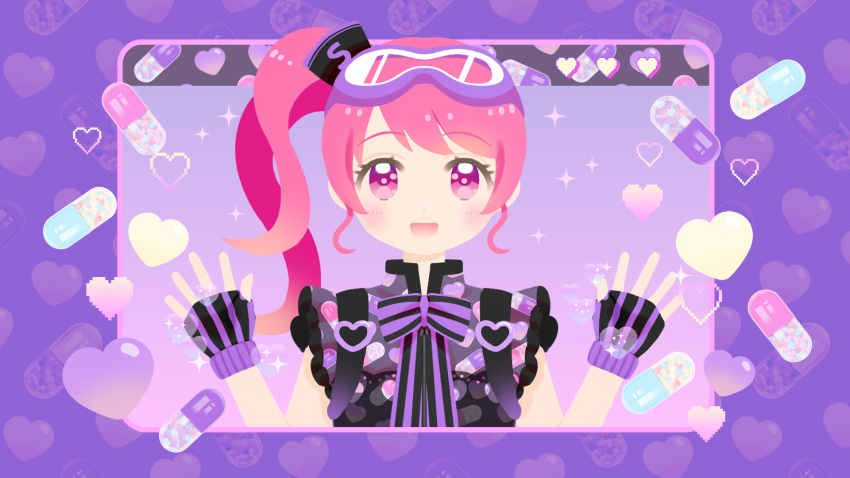 1girl :d black_gloves cropped_torso fingerless_gloves gloves goggles goggles_on_head hands_up hat heart highres long_hair looking_at_viewer mini_hat neck_ribbon official_art open_mouth pill purple_background purple_ribbon ribbon shiori_mukada side_ponytail sidelocks smile solo sophia-chan straight-on syn_sophia upper_body violet_eyes