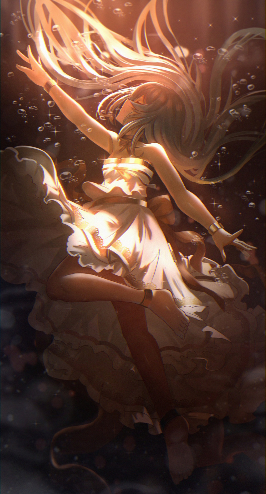 1girl ame_sagari anklet back_bow bare_arms bare_legs bare_shoulders barefoot black_background bow bowtie bubble character_request closed_eyes copyright_request dappled_sunlight dress floating_hair frilled_dress frills full_body gold_anklet gold_bracelet gold_choker grey_hair highres jewelry long_hair medium_dress parted_lips solo strapless strapless_dress sunlight underwater very_long_hair white_dress yellow_bow yellow_bowtie