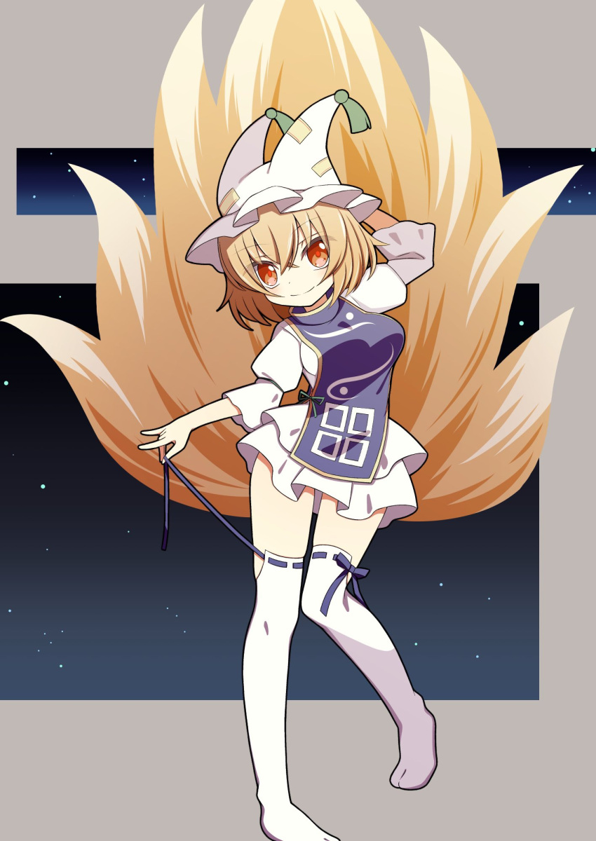 1girl arm_behind_head blonde_hair breasts closed_mouth dress fox_tail grey_background hat hekkmushi highres kitsune looking_at_viewer mob_cap multiple_tails orange_eyes red_eyes short_hair short_sleeves smile solo tabard tail thigh-highs touhou white_dress white_headwear white_thighhighs yakumo_ran