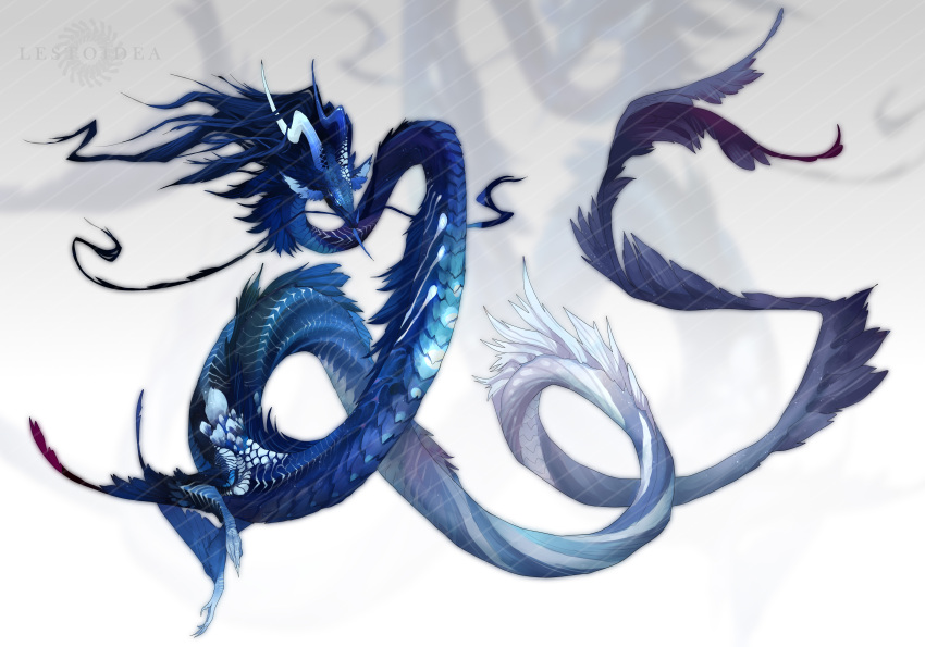 absurdres animal_focus blue_eyes blue_horns blue_scales chasemakouchi chinese_commentary claws commentary_request dragon eastern_dragon from_side full_body highres horns mane monster no_humans original scales simple_background solo tail white_background zoom_layer