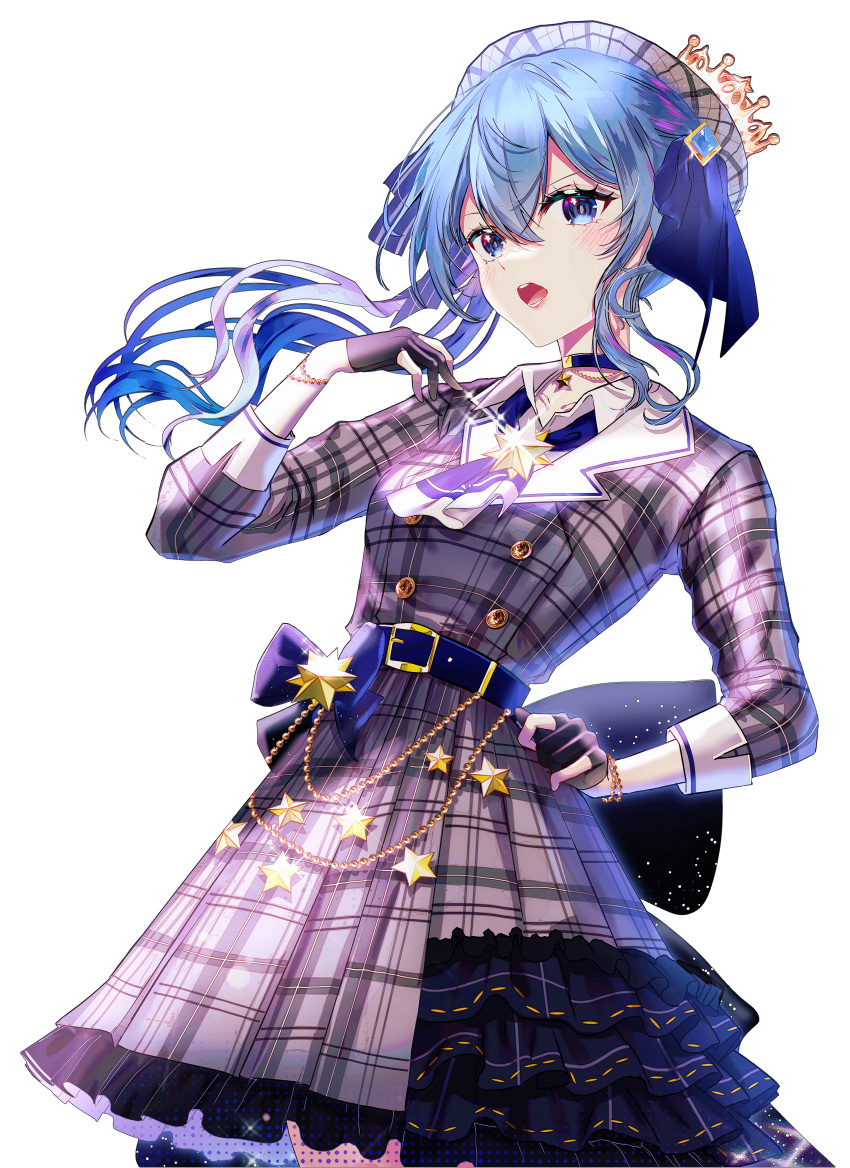 1girl absurdres ascot back_bow belt beret black_gloves blue_ascot blue_belt blue_choker blue_eyes blue_hair blue_ribbon bow buttons choker collared_shirt commentary_request crown determined double-breasted double-parted_bangs frilled_skirt frills gloves grey_jacket grey_skirt hair_between_eyes hair_ribbon hand_on_own_chest hand_on_own_hip hat highres hololive hoshimachi_suisei hoshimachi_suisei_(1st_costume) jacket long_hair looking_at_viewer miniskirt music outdoors partially_fingerless_gloves plaid plaid_headwear plaid_jacket plaid_skirt pleated_skirt ribbon shirt side_ponytail sidelocks simple_background singing skirt skirt_set sleeve_cuffs sleeves_past_elbows solo sowon star_(sky) star_(symbol) star_choker star_in_eye symbol_in_eye transparent_background twitter_username virtual_youtuber waist_bow white_shirt wind