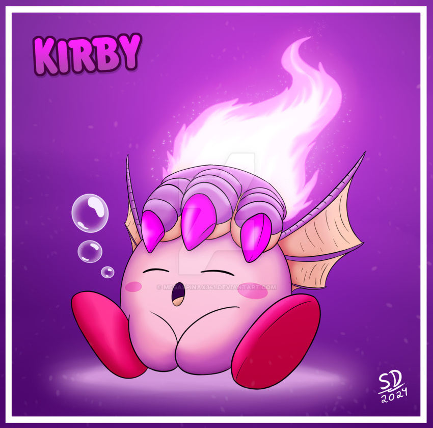 border bubble closed_eyes copy_ability deviantart_username dragon_fire_kirby fire fire_kirby highres kirby kirby_(series) kirby_and_the_forgotten_land megaspinax341 no_humans open_mouth purple_background purple_fire sitting sleeping solo white_background white_border