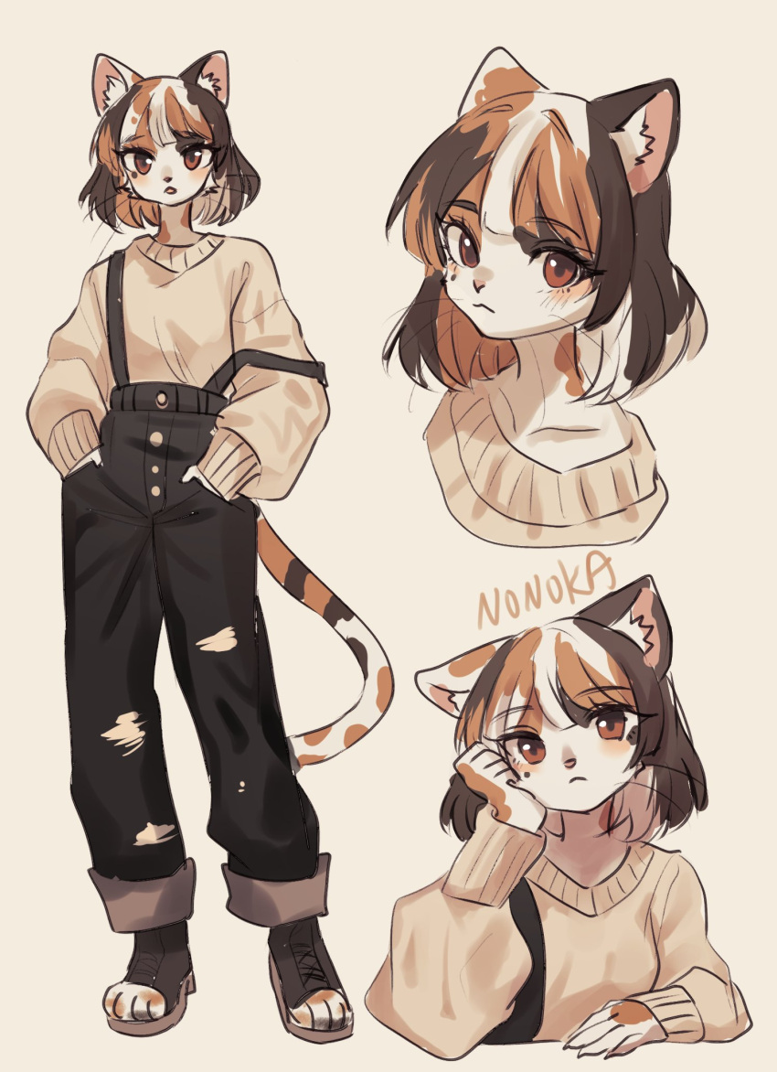 1girl animal_ear_fluff animal_ears artist_name black_fur black_overalls brown_eyes brown_sweater calico cat_ears cat_girl cat_tail collarbone commentary full_body furry furry_female hands_in_pockets highres looking_at_viewer medium_hair multicolored_fur multiple_views nonoka917 orange_fur original overalls parted_lips standing sweater symbol-only_commentary tail toes upper_body whiskers white_fur