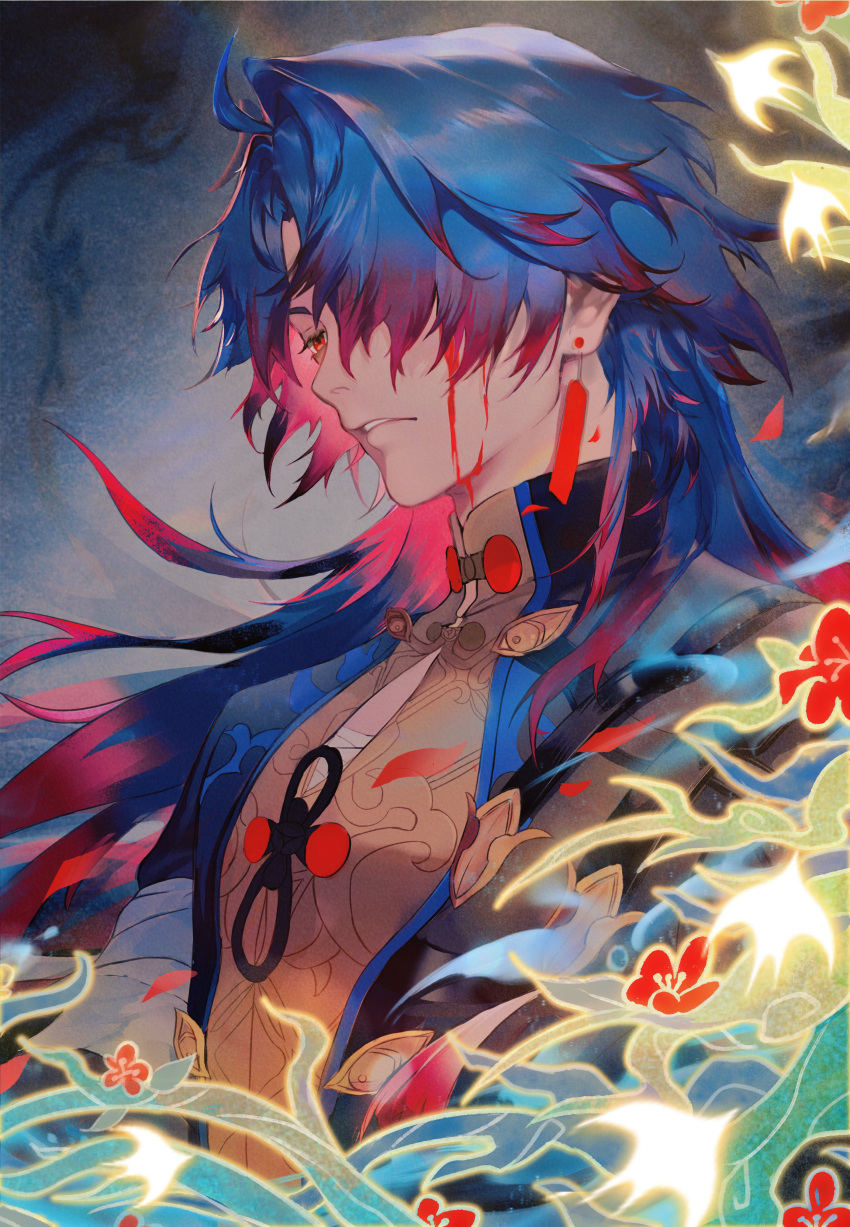 1boy absurdres black_hair blade_(honkai:_star_rail) blood blood_on_face earrings from_side highres honkai:_star_rail honkai_(series) injury jewelry long_hair looking_to_the_side male_focus multicolored_hair qvfso4qlnrzppf4 red_eyes redhead solo split-color_hair two-tone_hair